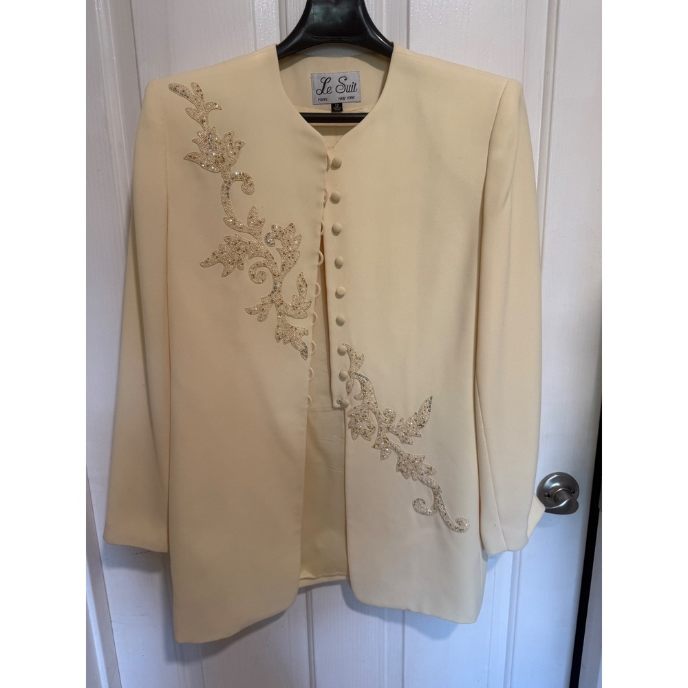 Le Suit Womens Cream Beaded Floral Longline Jacket and Skirt Set Size 12 - Picture 2 of 8